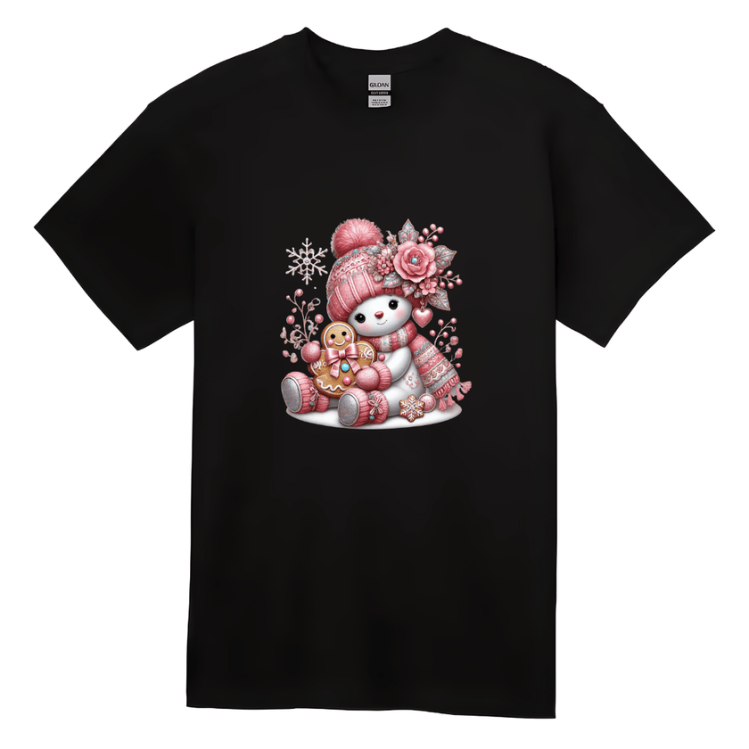 Black kids Christmas tee showing cute snowman with pink hat, scarf, and gingerbread cookie.