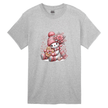 Gray children’s Christmas shirt with pink snowman wearing hat and scarf holding gingerbread.
