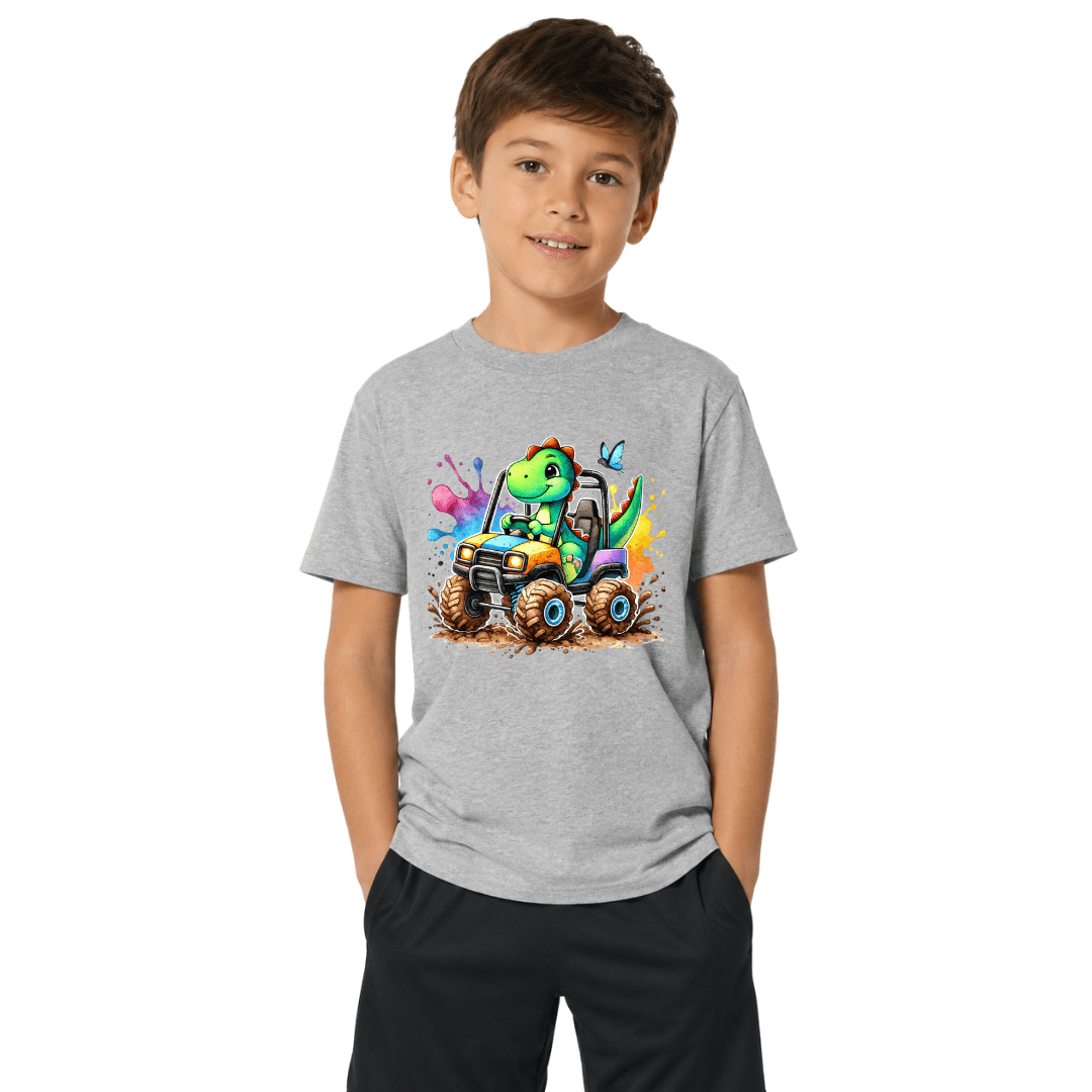 Sport grey youth T shirt with a fun green dinosaur monster truck design and bright full color artwork.