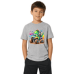 Sport grey youth T shirt with a fun green dinosaur monster truck design and bright full color artwork.