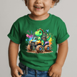 Green toddler shirt with a large front dino monster truck print, perfect for everyday play and gifts.