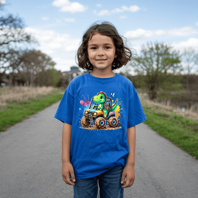 Blue kids T shirt with a colorful dinosaur truck graphic for boys and girls who love adventure themes.