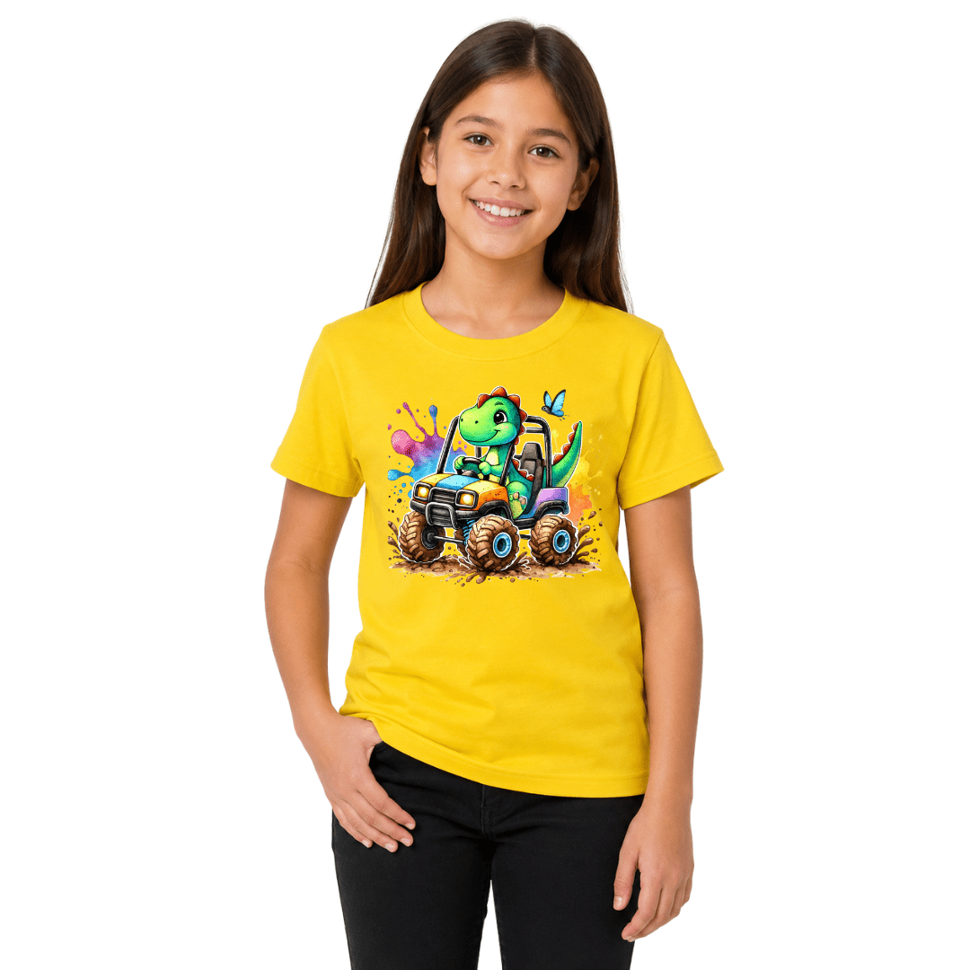 Girls yellow T shirt with a bold dino monster truck design and vibrant mud splash artwork on the front.