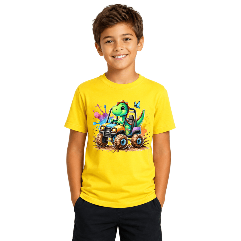 Yellow youth graphic tee with a smiling dinosaur in an off road truck, perfect for kids who love dinos and trucks.