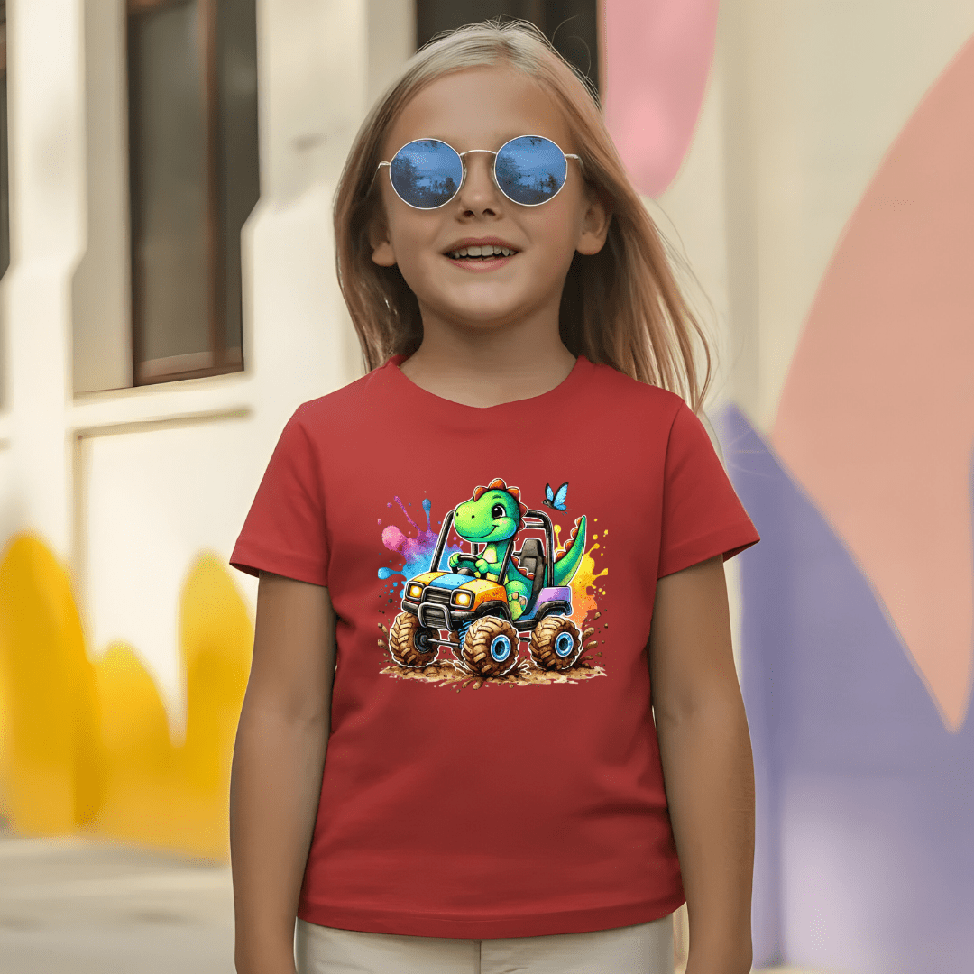 Red youth girls T shirt with a playful dino truck print, sunglasses styling, and boutique kids apparel feel.