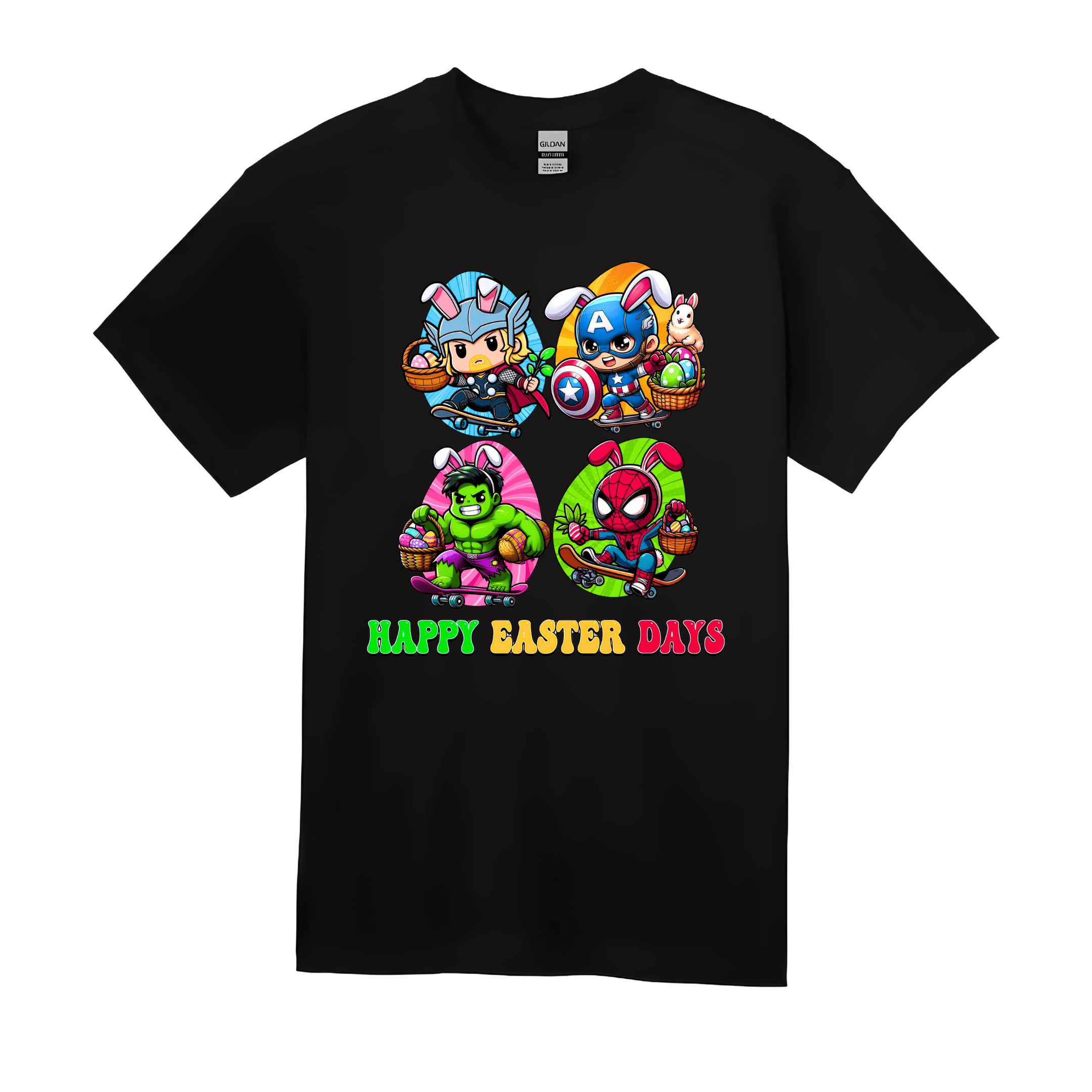 Black kids Easter graphic tee with vibrant superhero bunny illustration