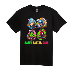 Black kids Easter graphic tee with vibrant superhero bunny illustration