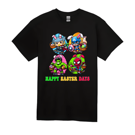 Black kids Easter graphic tee with vibrant superhero bunny illustration