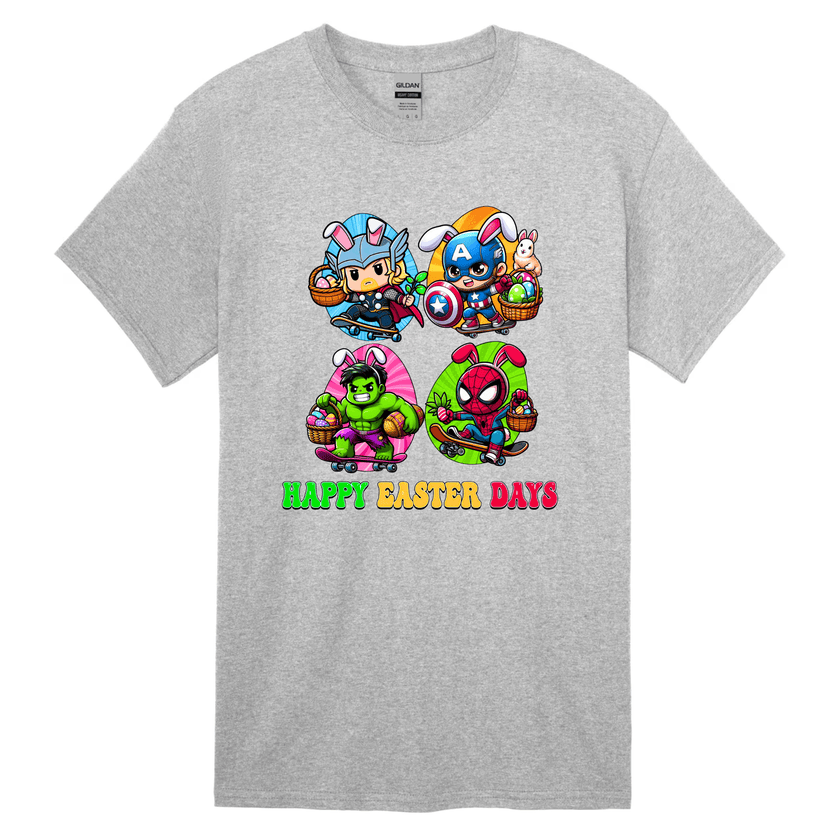 Grey kids Easter shirt with colorful superhero bunny cartoon design