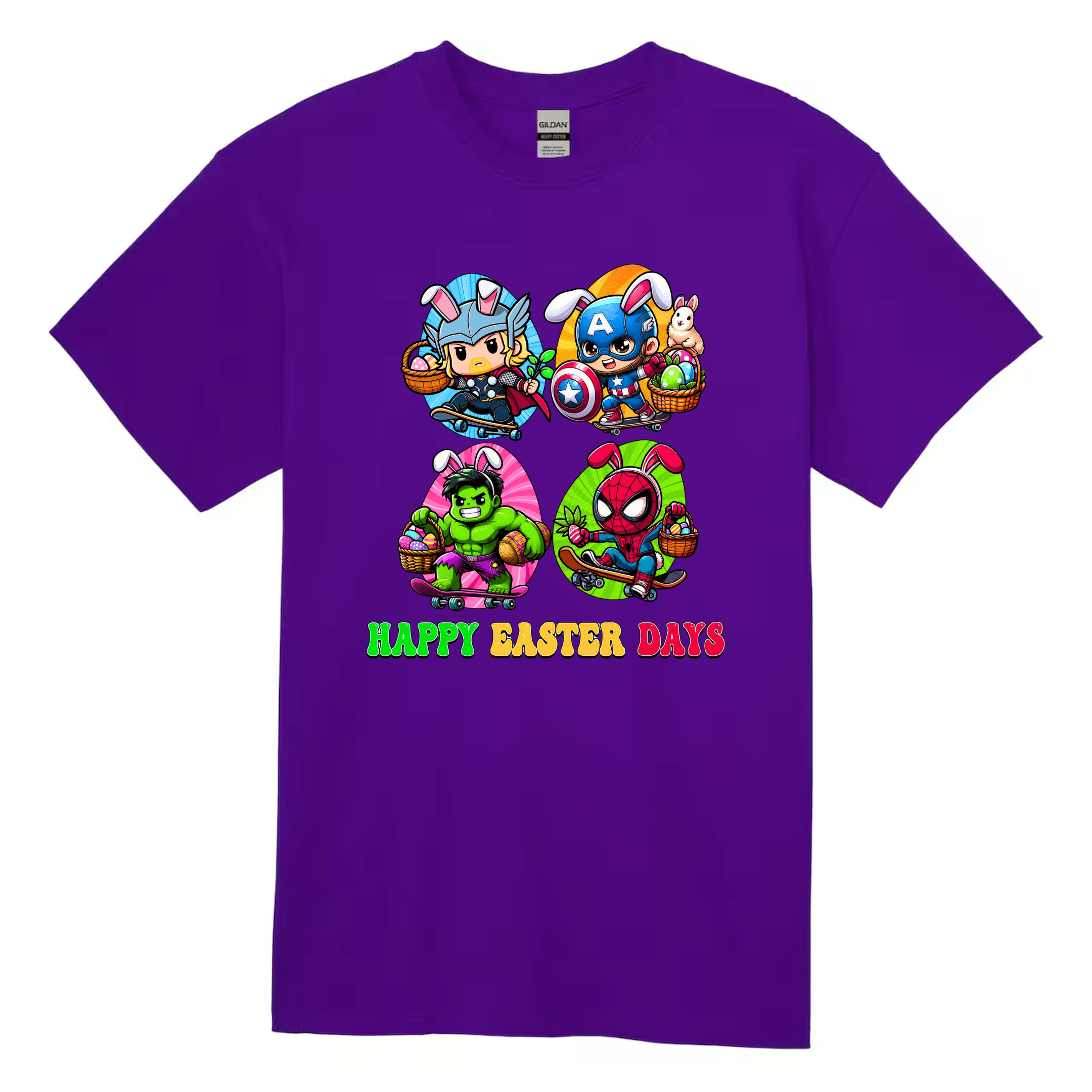 Purple kids Easter t-shirt with superhero bunny characters and colorful egg design