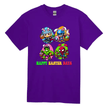 Purple kids Easter t-shirt with superhero bunny characters and colorful egg design