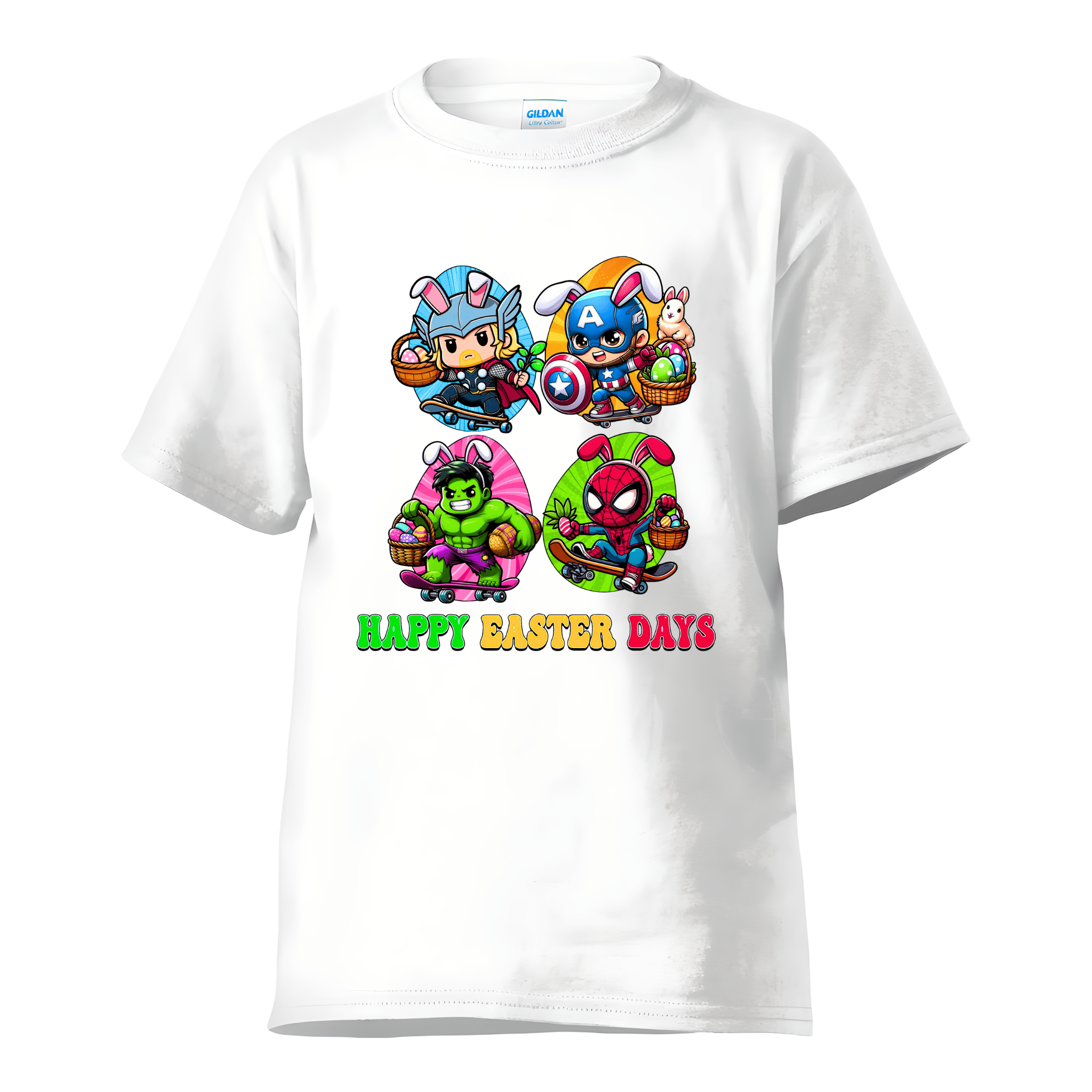 White kids Easter t-shirt with cute superhero bunny characters and eggs
