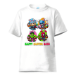 White kids Easter t-shirt with cute superhero bunny characters and eggs