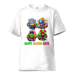 White kids Easter t-shirt with cute superhero bunny characters and eggs