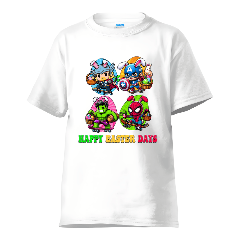 White kids Easter t-shirt with cute superhero bunny characters and eggs