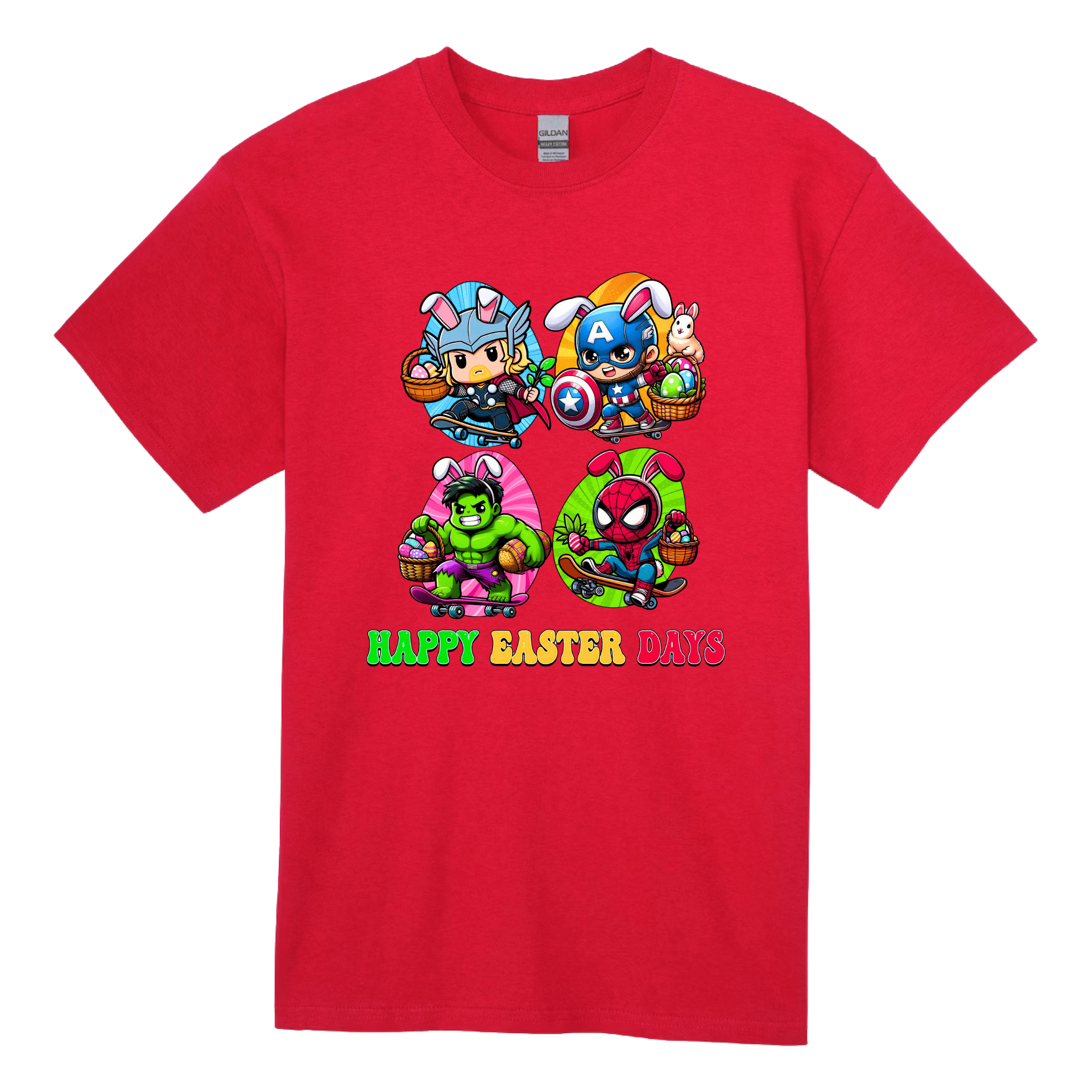 Red kids Easter t-shirt featuring bright bunny superhero Easter artwork