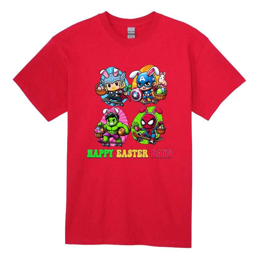 Red kids Easter t-shirt featuring bright bunny superhero Easter artwork