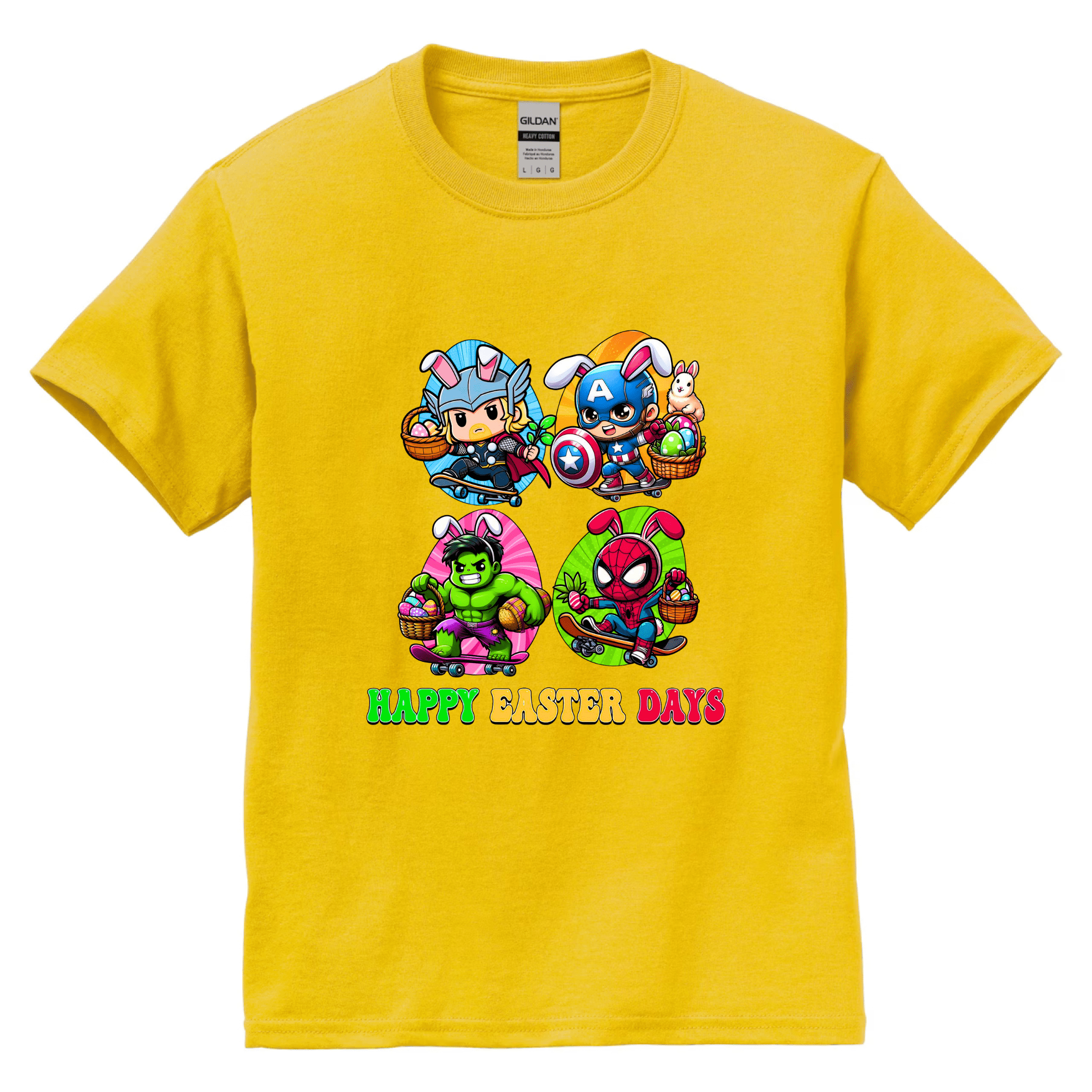 Yellow kids Easter shirt featuring cartoon superhero bunnies and festive eggs