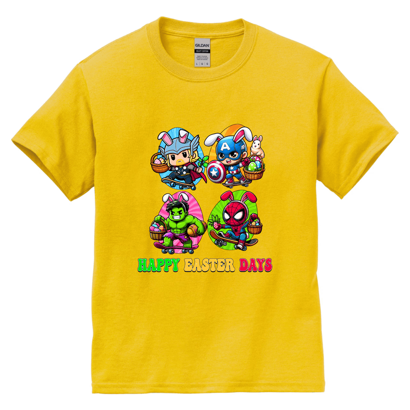 Yellow kids Easter shirt featuring cartoon superhero bunnies and festive eggs