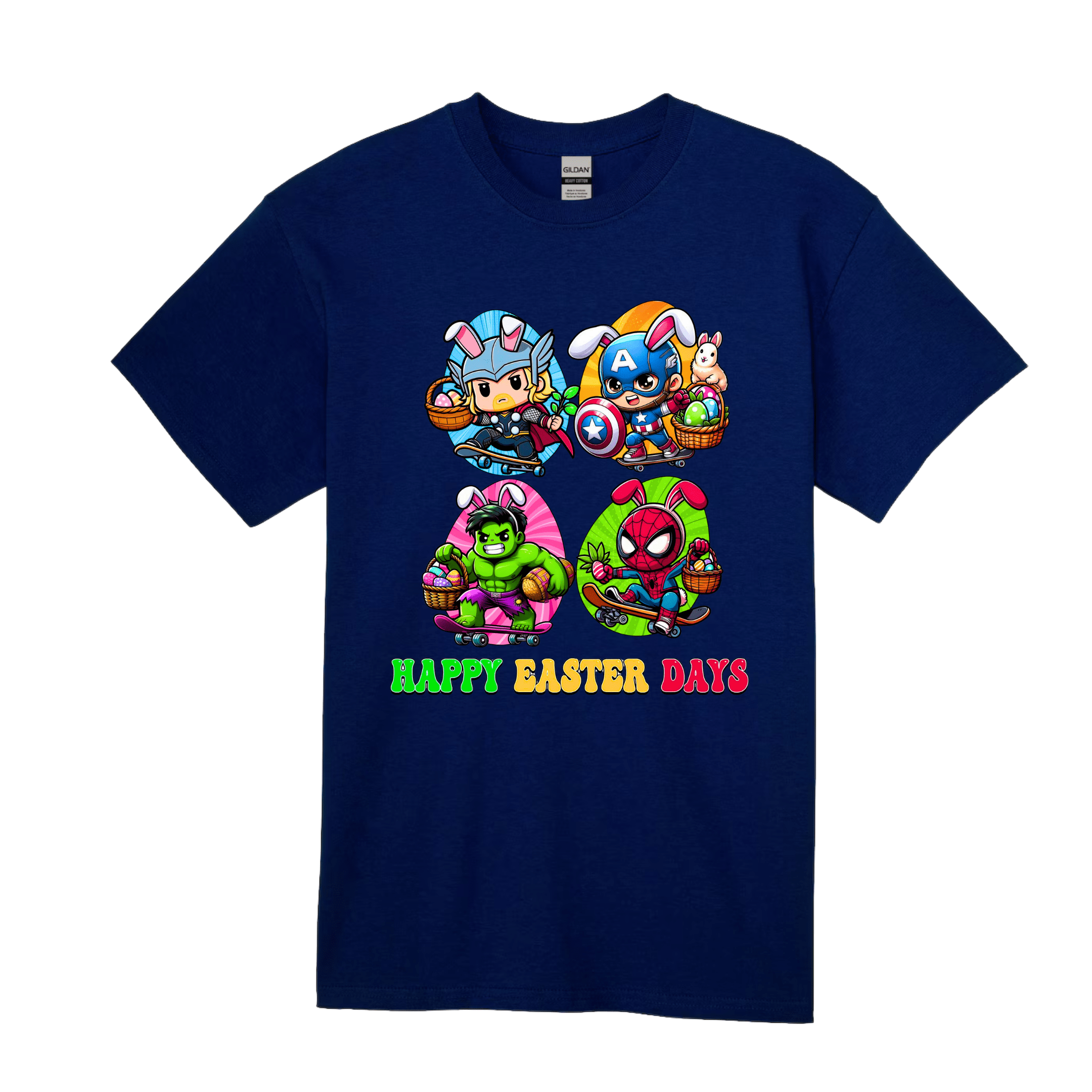 Navy blue kids Easter shirt with fun superhero bunny and egg design