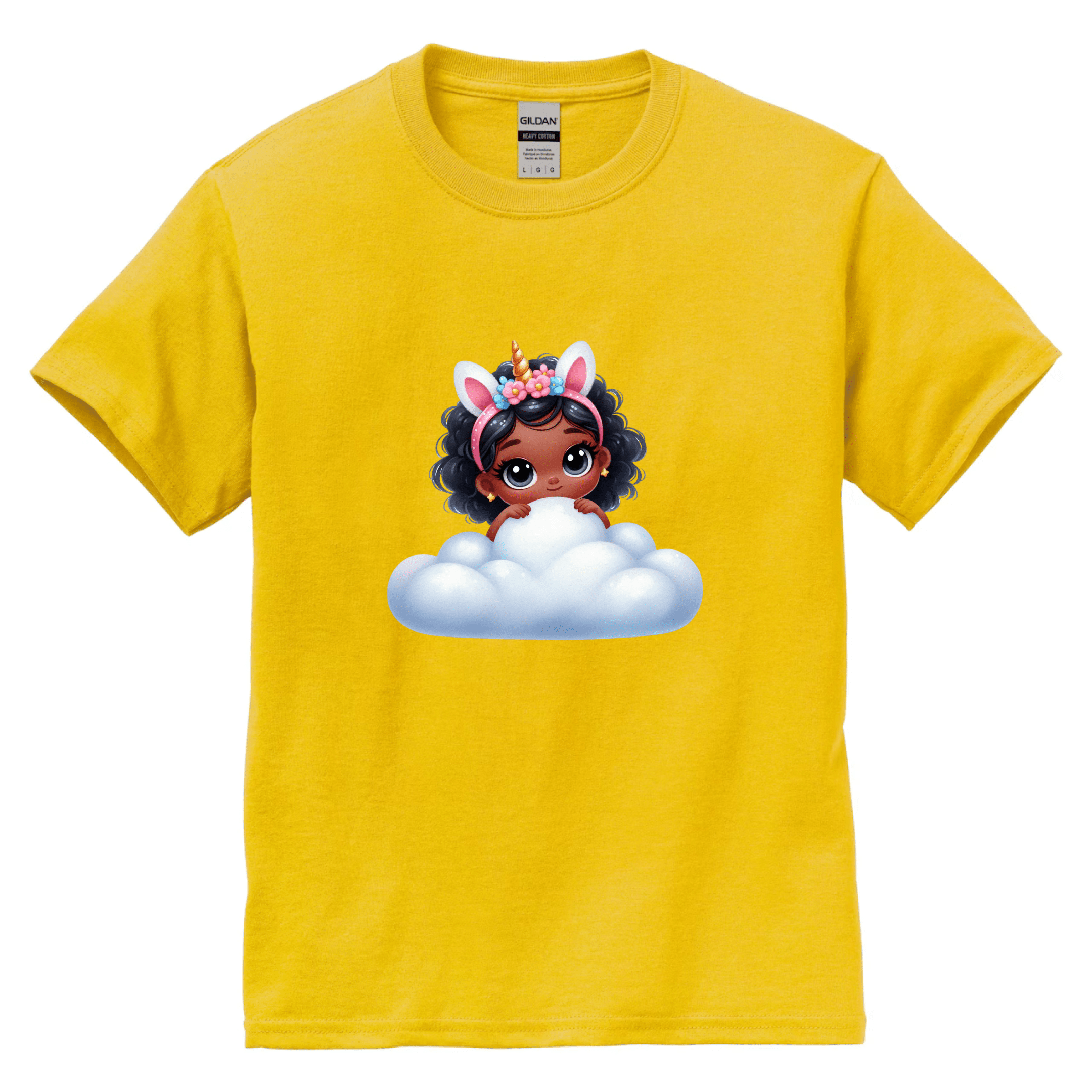 Yellow kids t-shirt with a cute unicorn girl sitting on a fluffy cloud graphic.