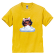 Yellow kids t-shirt with a cute unicorn girl sitting on a fluffy cloud graphic.