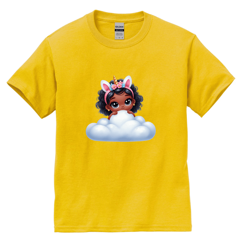 Yellow kids t-shirt with a cute unicorn girl sitting on a fluffy cloud graphic.