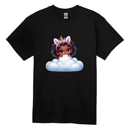 Black children’s t-shirt featuring a magical unicorn girl and cloud illustration.