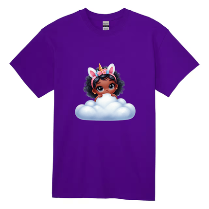 Purple kids t-shirt featuring a kawaii unicorn girl sitting on a soft cloud.