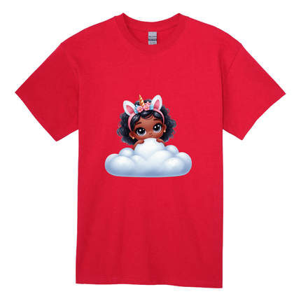 Red kids graphic tee showing a sweet unicorn girl peeking over a cloud.