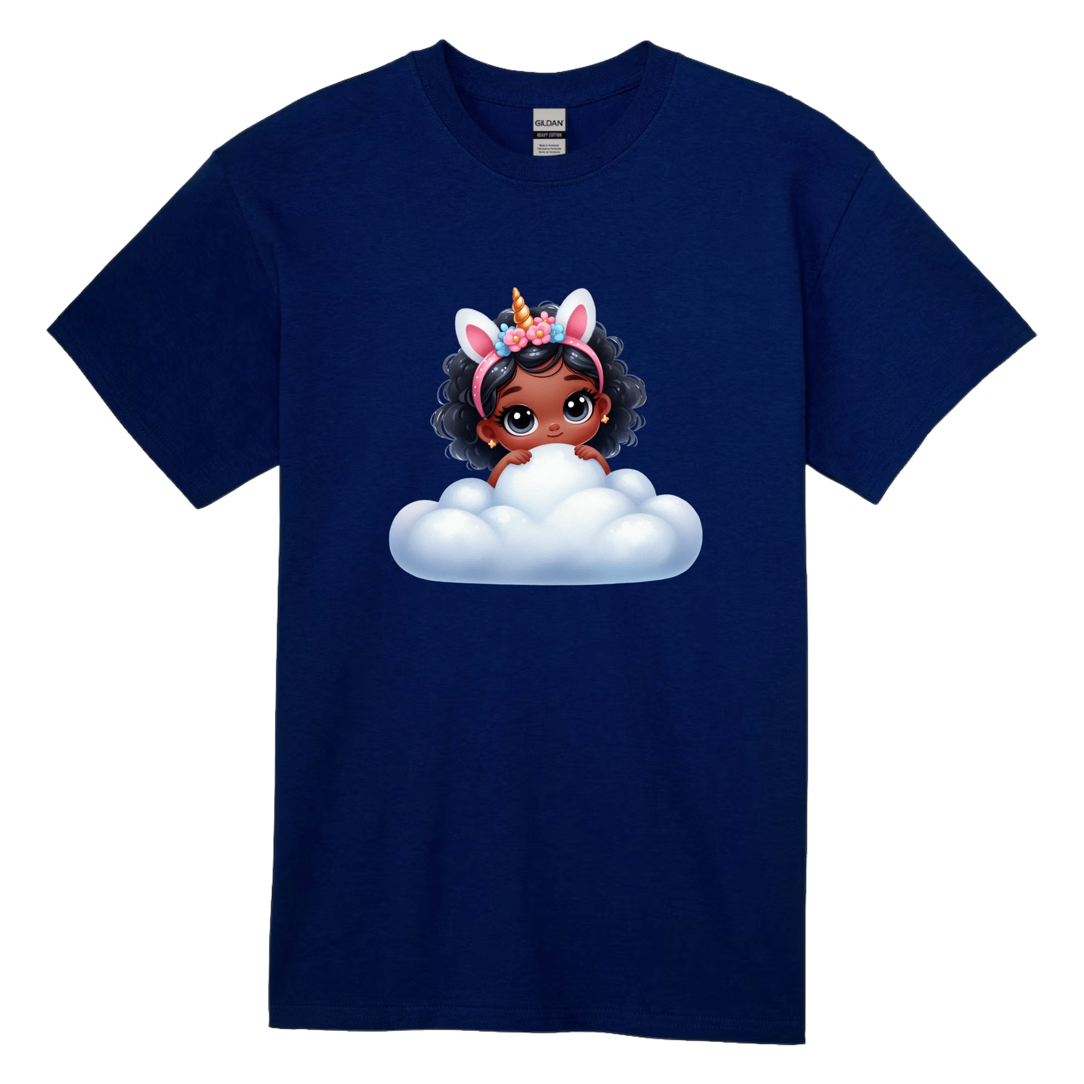 Navy blue kids unicorn cloud tee with vibrant fantasy artwork.