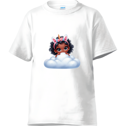 White toddler unicorn cloud t-shirt with adorable girl character artwork.