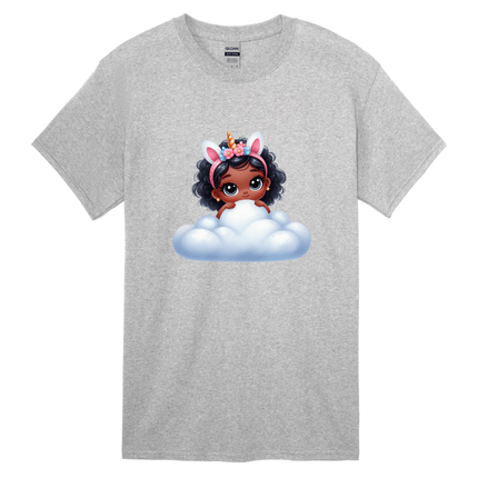 Grey children’s t-shirt with colorful unicorn girl and cloud design.
