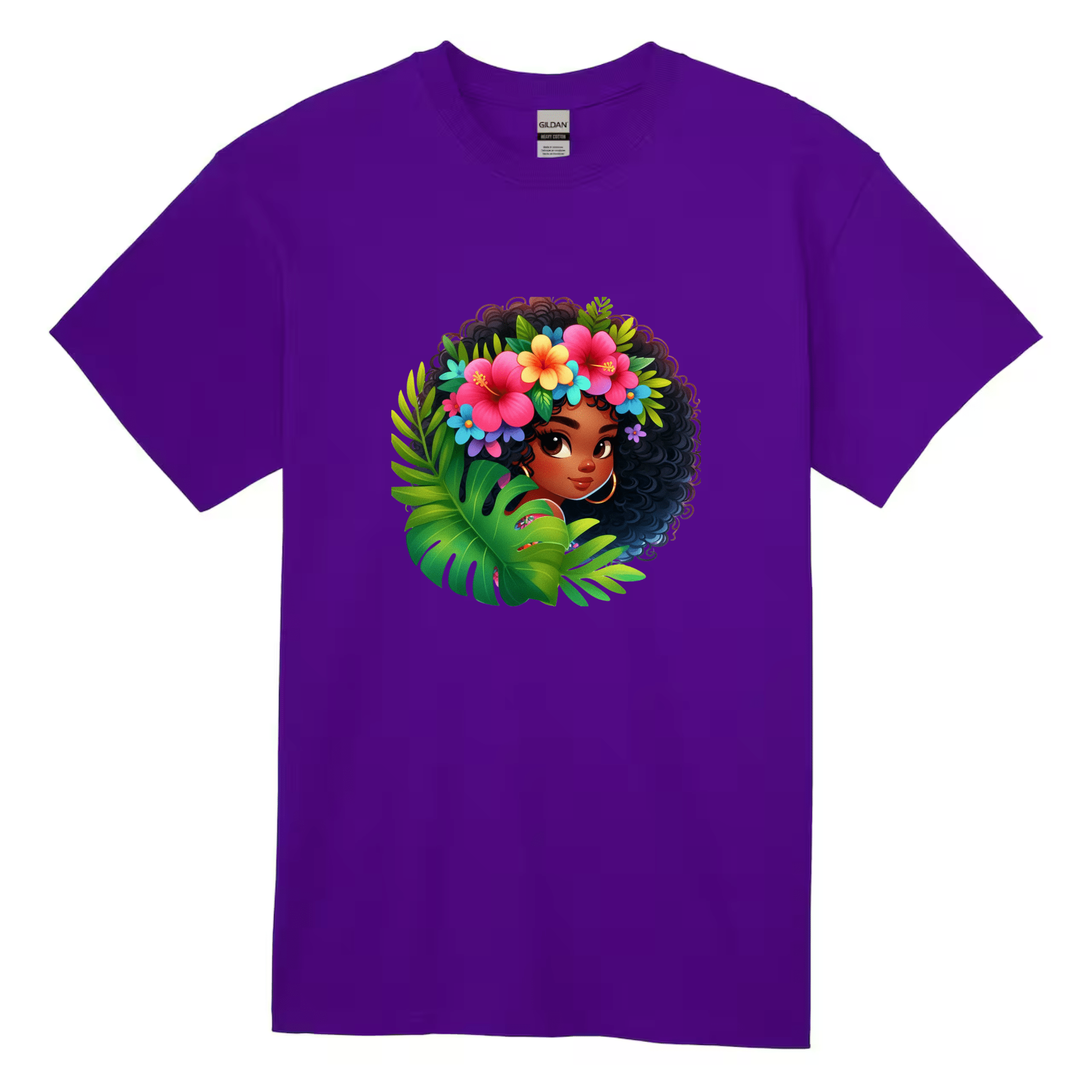 Purple kids tee showcasing a colorful island-style Afro girl surrounded by tropical leaves and flowers.