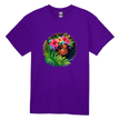 Purple kids tee showcasing a colorful island-style Afro girl surrounded by tropical leaves and flowers.