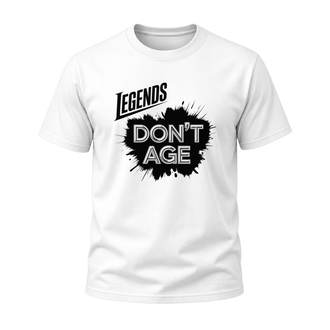 White Legends Don’t Age men’s graphic T shirt with black splash and statement lettering, humorous birthday gift for older men