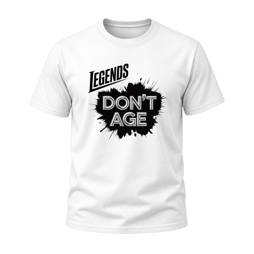 White Legends Don’t Age men’s graphic T shirt with black splash and statement lettering, humorous birthday gift for older men