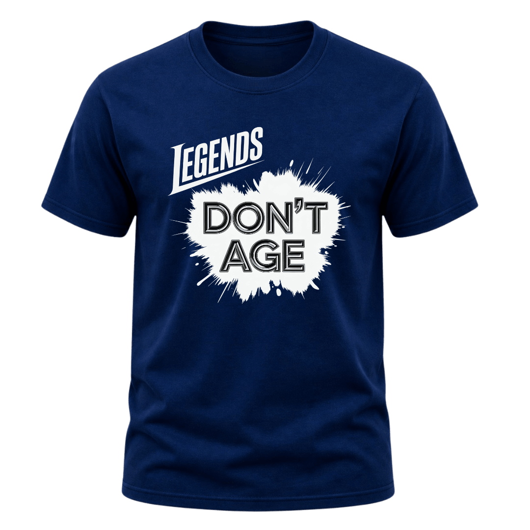 Navy Legends Don’t Age men’s T shirt featuring bold white splash typography, funny aging shirt for birthdays and celebrations