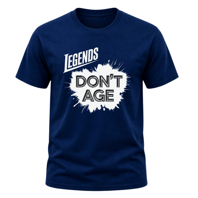Navy Legends Don’t Age men’s T shirt featuring bold white splash typography, funny aging shirt for birthdays and celebrations