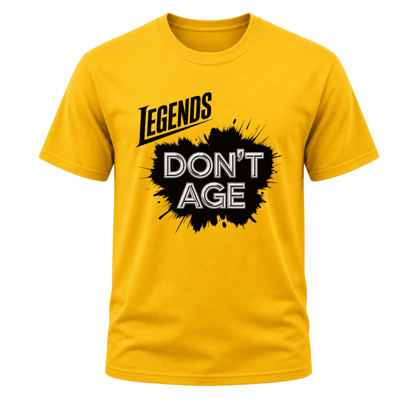 Yellow Legends Don’t Age men’s birthday T shirt featuring bold black splash artwork and silver typography for legendary men