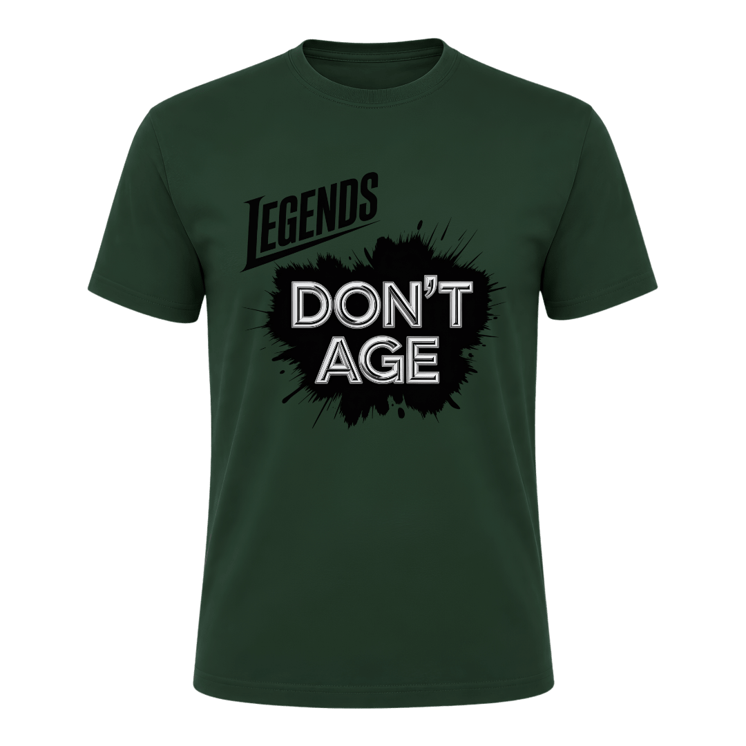 Forest green Legends Don’t Age men’s T shirt with bold black and silver front graphic, ideal birthday or Father’s Day gift