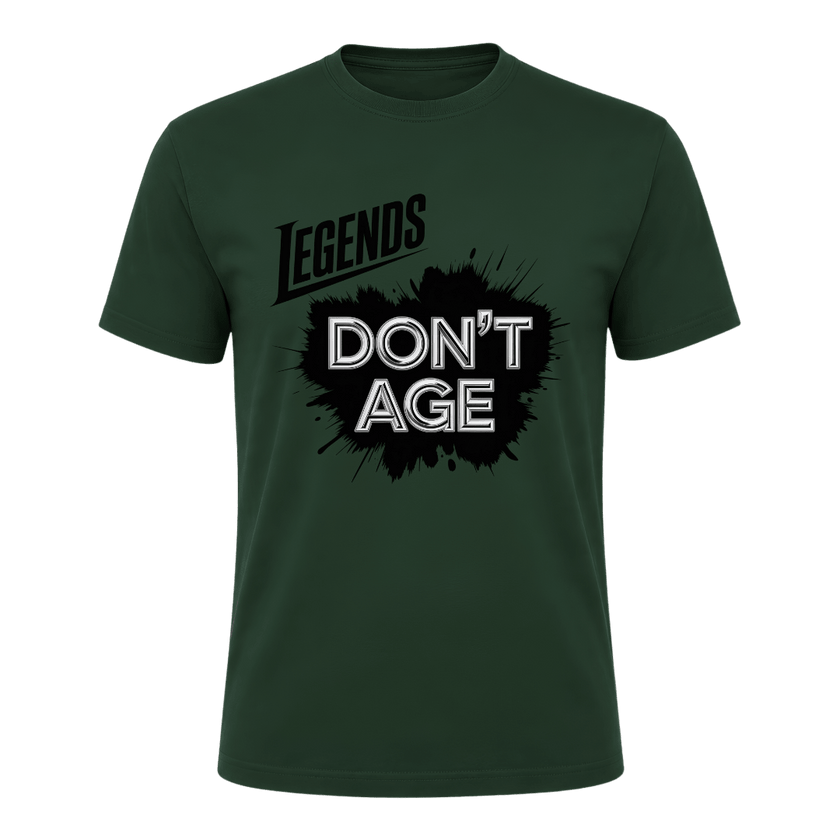 Forest green Legends Don’t Age men’s T shirt with bold black and silver front graphic, ideal birthday or Father’s Day gift