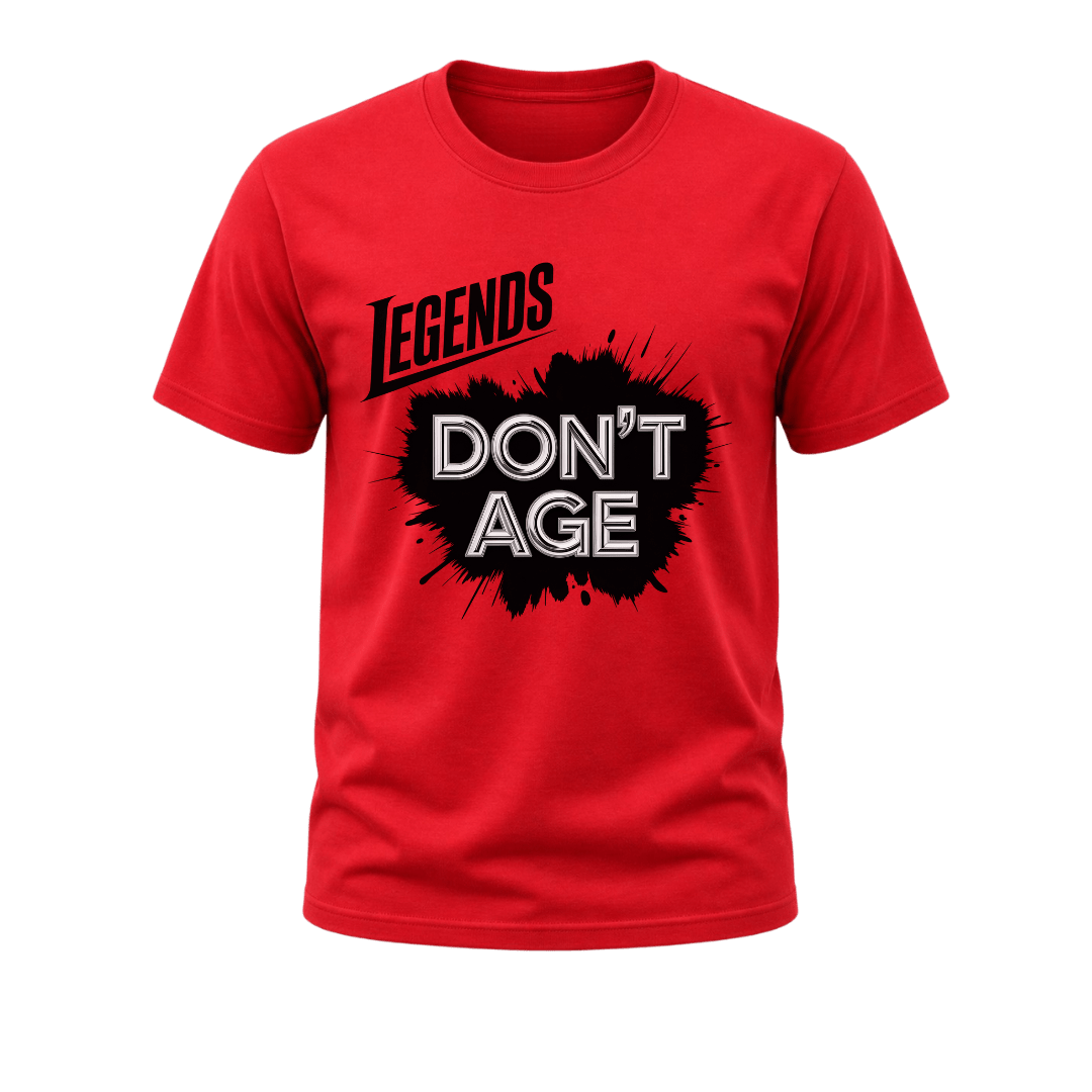 Red men’s Legends Don’t Age graphic T shirt featuring humorous age statement artwork for milestone birthdays and casual wear