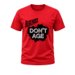 Red men’s Legends Don’t Age graphic T shirt featuring humorous age statement artwork for milestone birthdays and casual wear