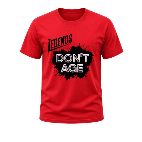 Red men’s Legends Don’t Age graphic T shirt featuring humorous age statement artwork for milestone birthdays and casual wear