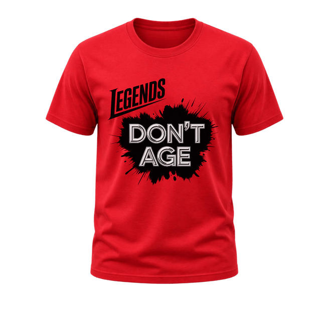 Red men’s Legends Don’t Age graphic T shirt featuring humorous age statement artwork for milestone birthdays and casual wear