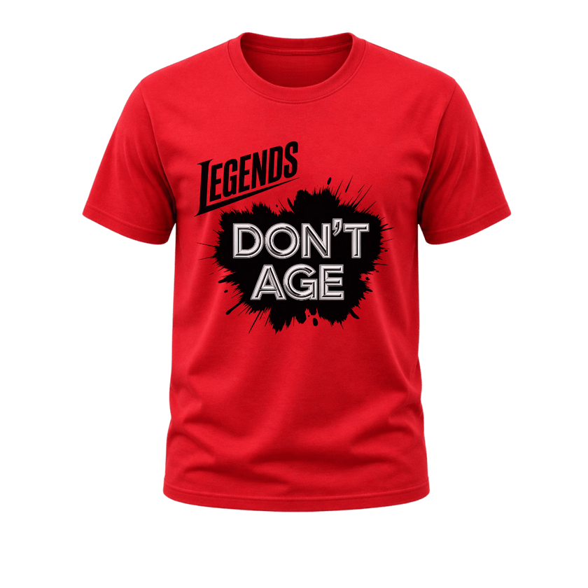 Red men’s Legends Don’t Age graphic T shirt featuring humorous age statement artwork for milestone birthdays and casual wear