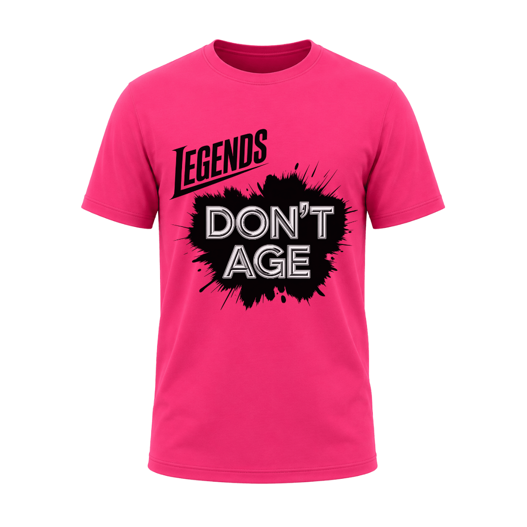 Heliconia pink Legends Don’t Age men’s graphic T shirt with statement design for confident men who refuse to act their age