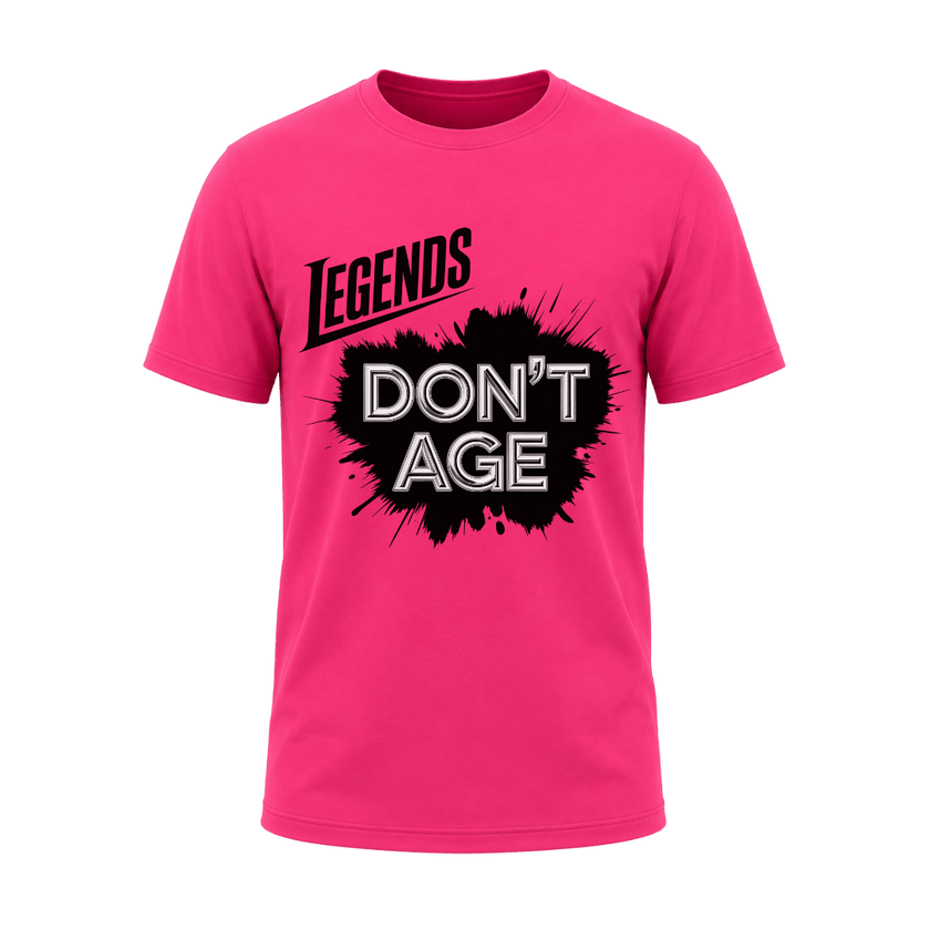 Heliconia pink Legends Don’t Age men’s graphic T shirt with statement design for confident men who refuse to act their age