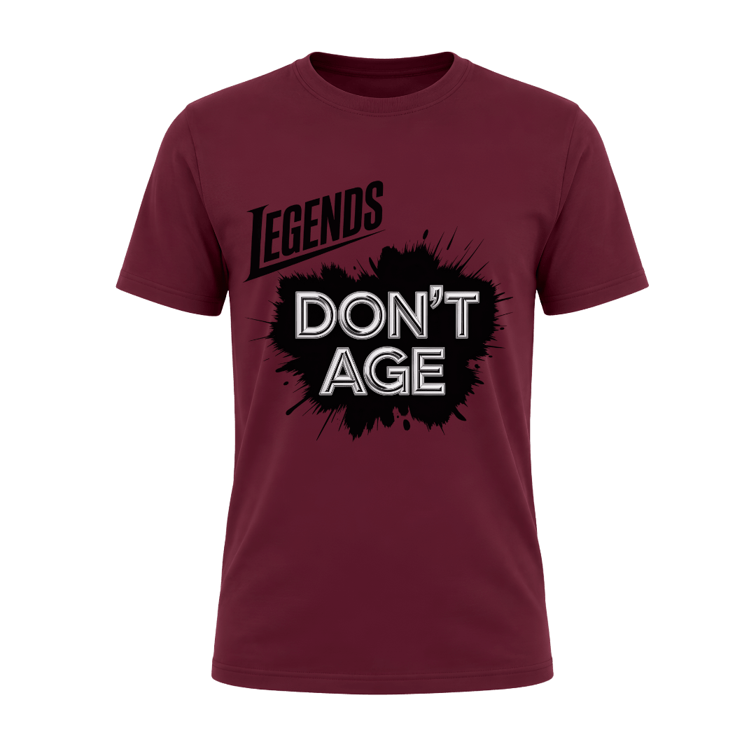 Maroon men’s Legends Don’t Age funny graphic tee, unique milestone birthday gift for dad, husband, brother or grandpa